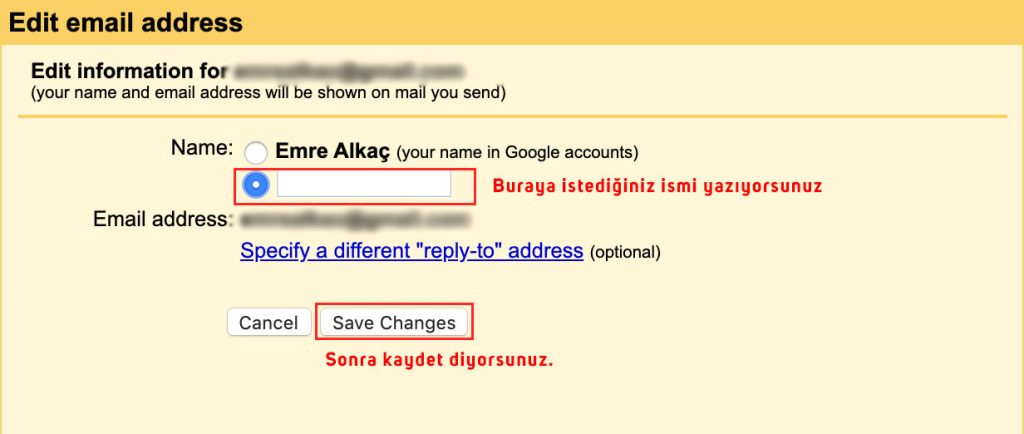 gmail hesap adi nasil degistiririm